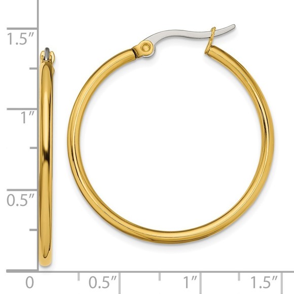 Chisel Stainless Steel Polished Yellow IP-plated 32mm Diameter 2mm Hoop Earrings - Picture 2 of 4